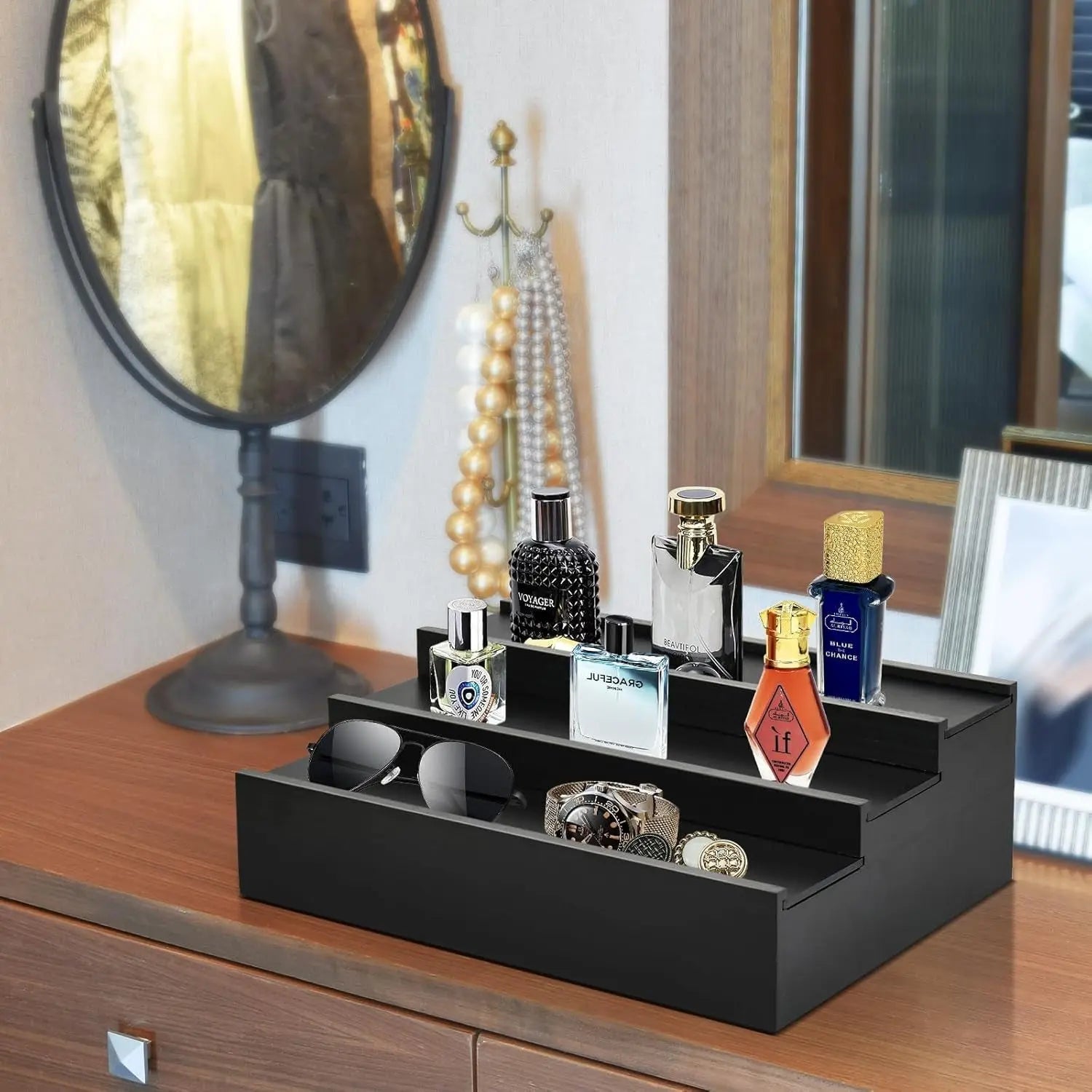 Wooden Cologne Organizer for Men - 3 Tier Cologne Stand Black Elevated
