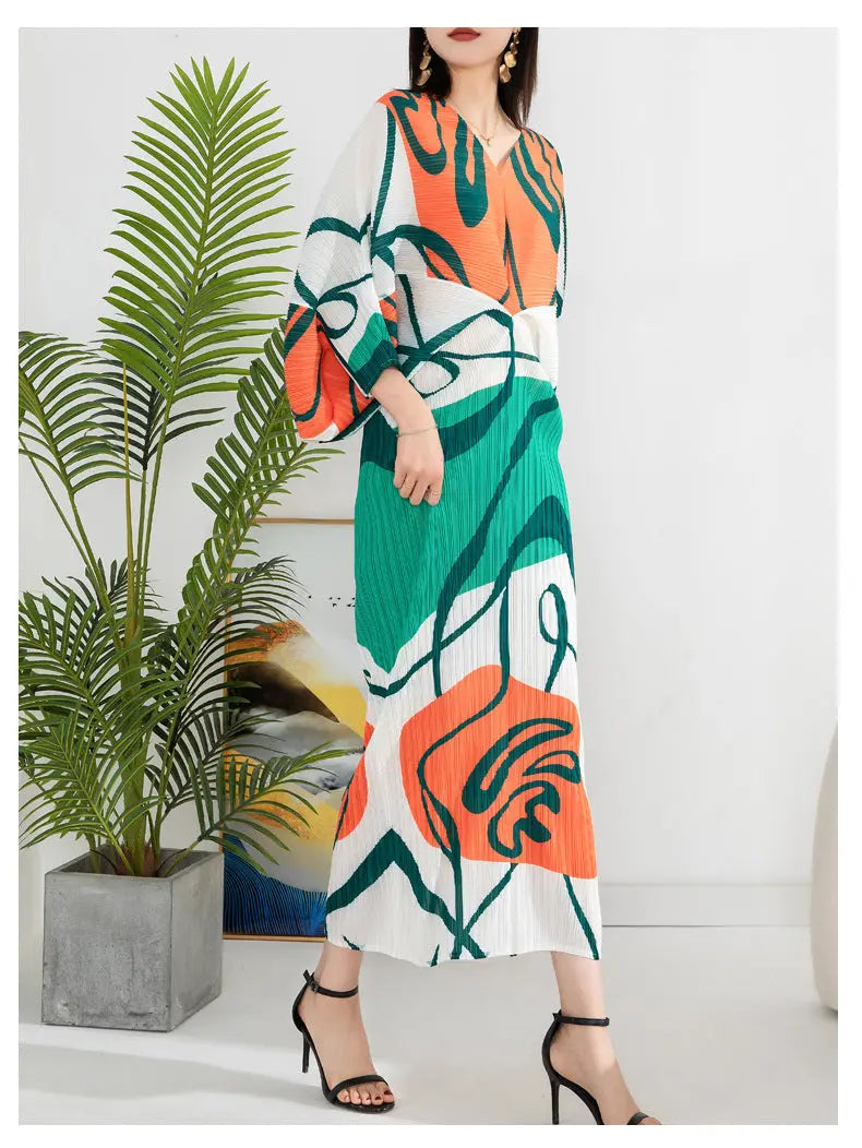 Women's Temperament Pleated Print Batwing Sleeve Dress Autods