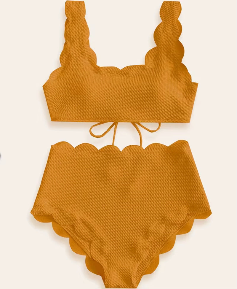 Solid Blue Two Pieces Swimsuit Bathing Suits Bikini Women Scalloped Textured High Waisted Bikini Set Lace up Bathing Suits XXL