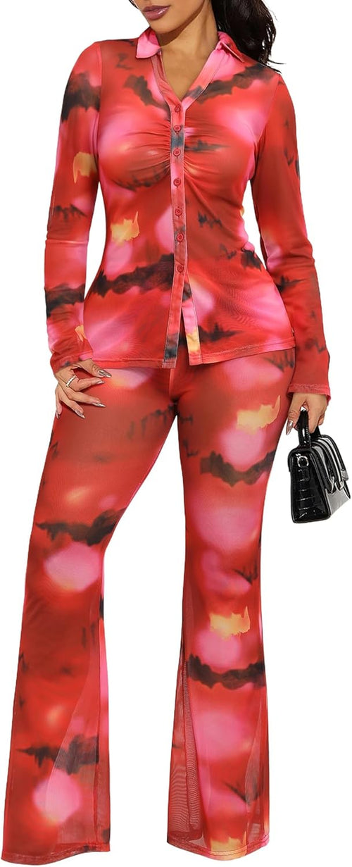 2 Piece Pant Sets for Women Long Sleeve Mesh Floral Print Ruched Button down Shirt Flare Wide Leg Pantsuits Streetwear