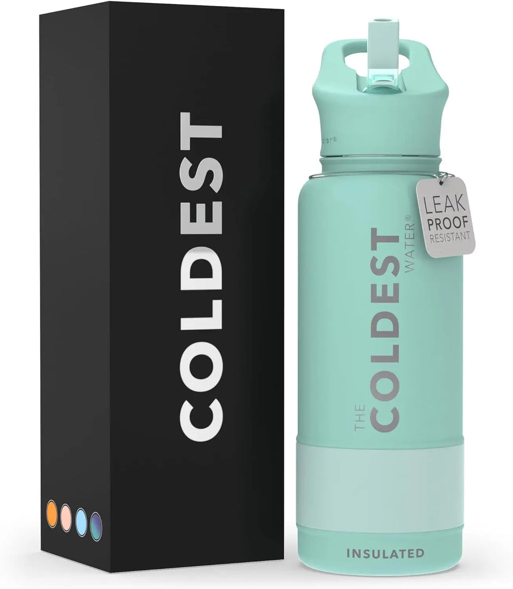 Coldest Insulated Water Bottle with Straw Lid - Stainless Steel Metal Insulated Bottle for Men & Women (Oceanic Green, 32 Oz)