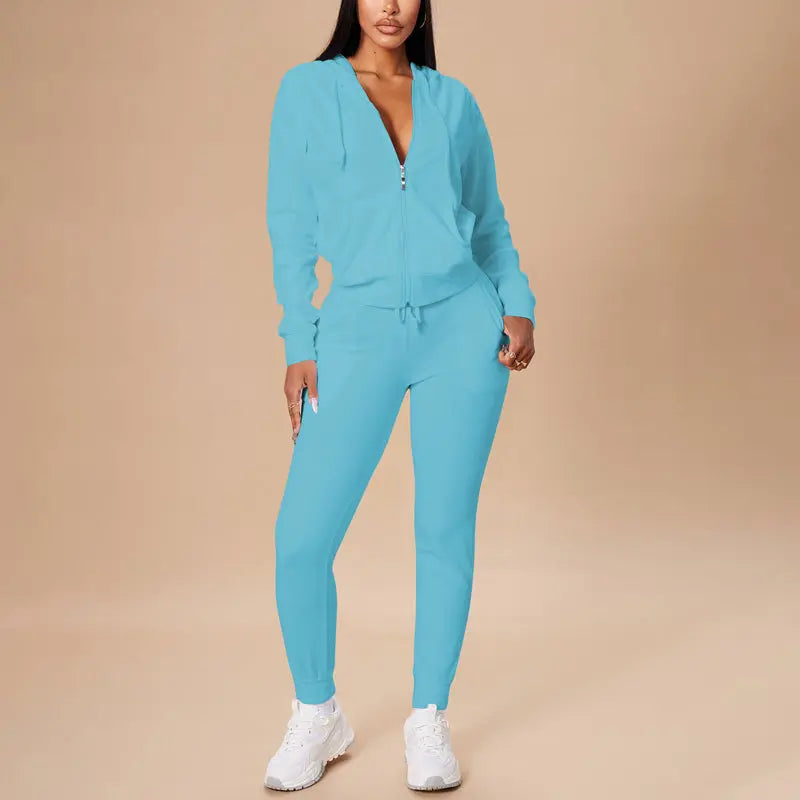 Women's Solid Color 2-Piece Set Zip Pocket Drawstring Hooded Crop Top & Slim Fit Pocket Pants - Ribbed Detail Casual Outfit Cjdropshipping