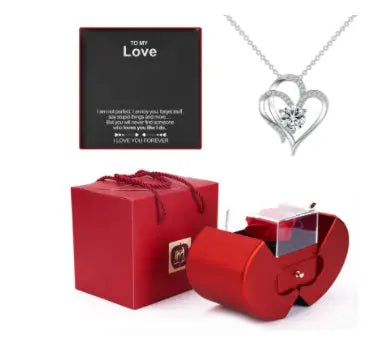 Fashion Jewelry Box Red Apple Christmas Gift Necklace Eternal Rose For Girl Mother's Day Valentine's Day Gifts With Artificial Flower Rose Flower Jewelry Box - New Era Fashion LLc