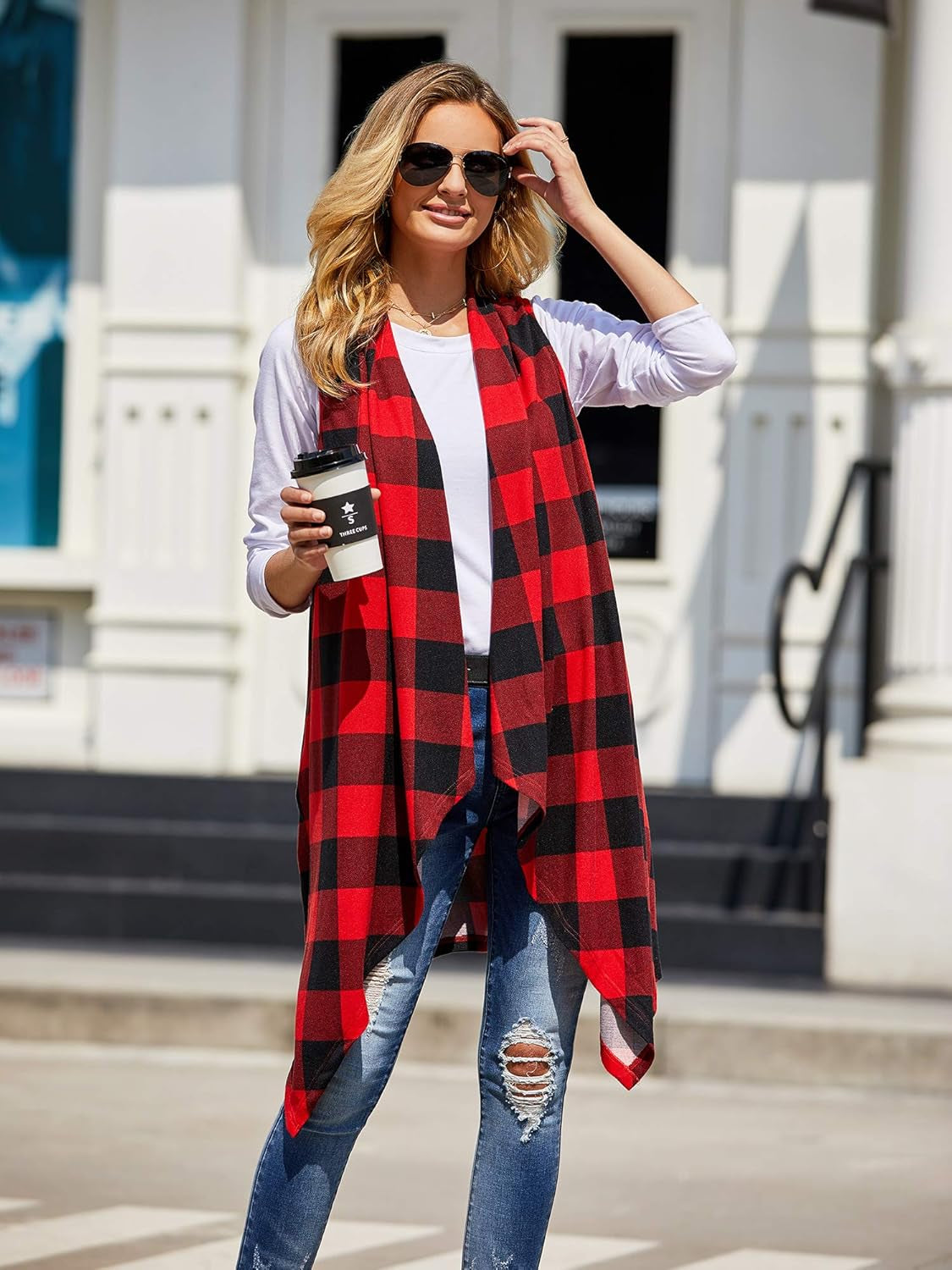 Women's Plaid Sleeveless Duster Cardigan with Pockets - Lightweight Open Front Vest Coat