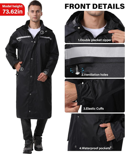 Waterproof Long Rain Jacket - Lightweight Reflective Rainwear with Packable Hood for Men and Women