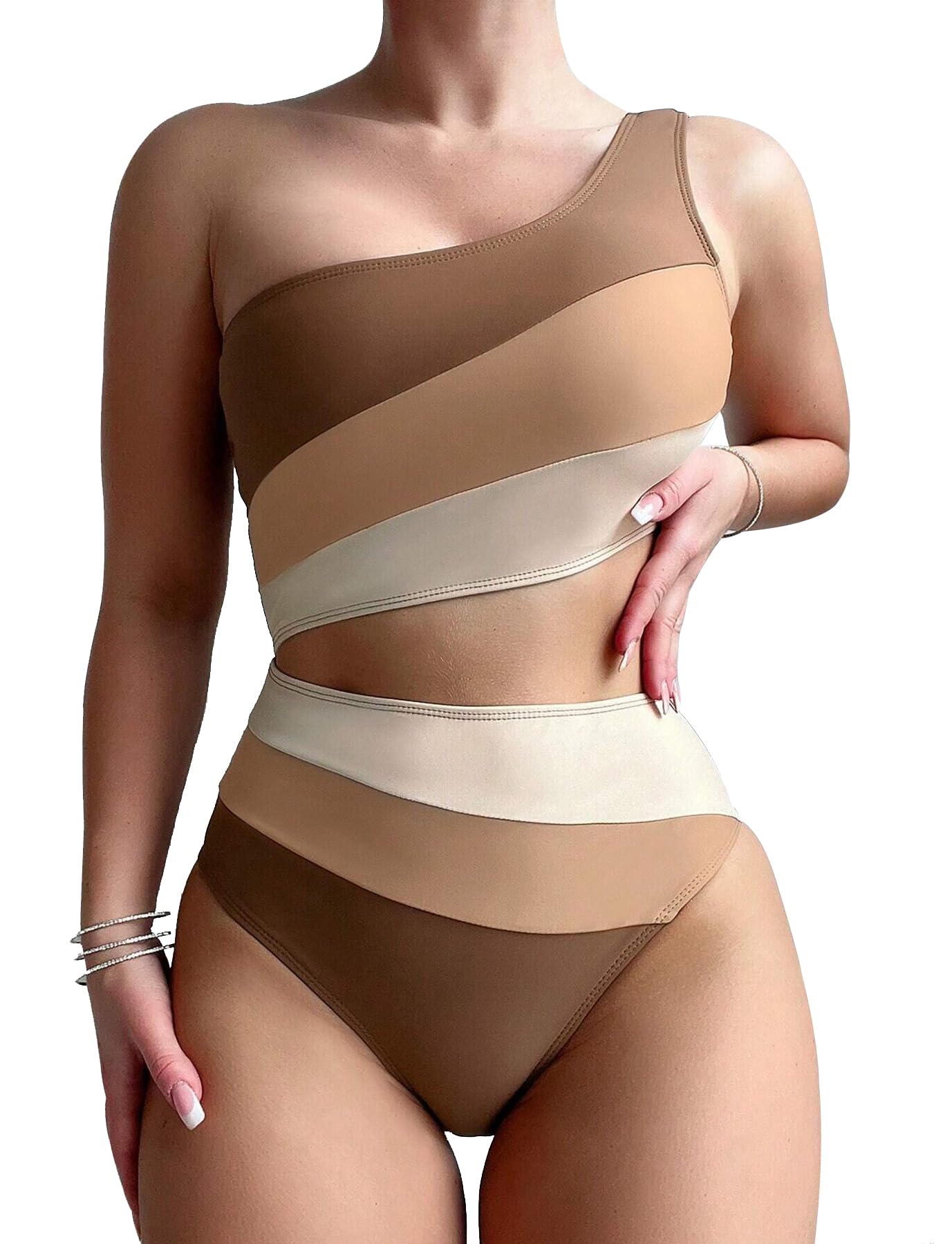 Leoparts Womens Color Block One Piece Swimsuits Monokini One Shoulder Cutout High Cut Bathing Suits Beachwear