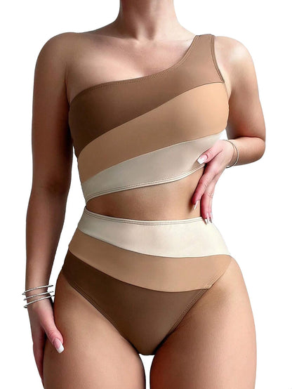 Leoparts Womens Color Block One Piece Swimsuits Monokini One Shoulder Cutout High Cut Bathing Suits Beachwear