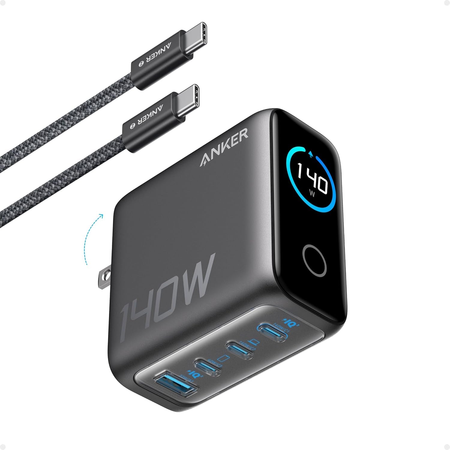 Anker Macbook Pro Charger,140W Max 4-Port Gan USB C Charger Block with Smart Display,Fast Charger USB C Power Adapter,Touch Controls for Macbook,Ipad,Iphone 17/16 Series(Include 5FT Cable,Non-Battery)