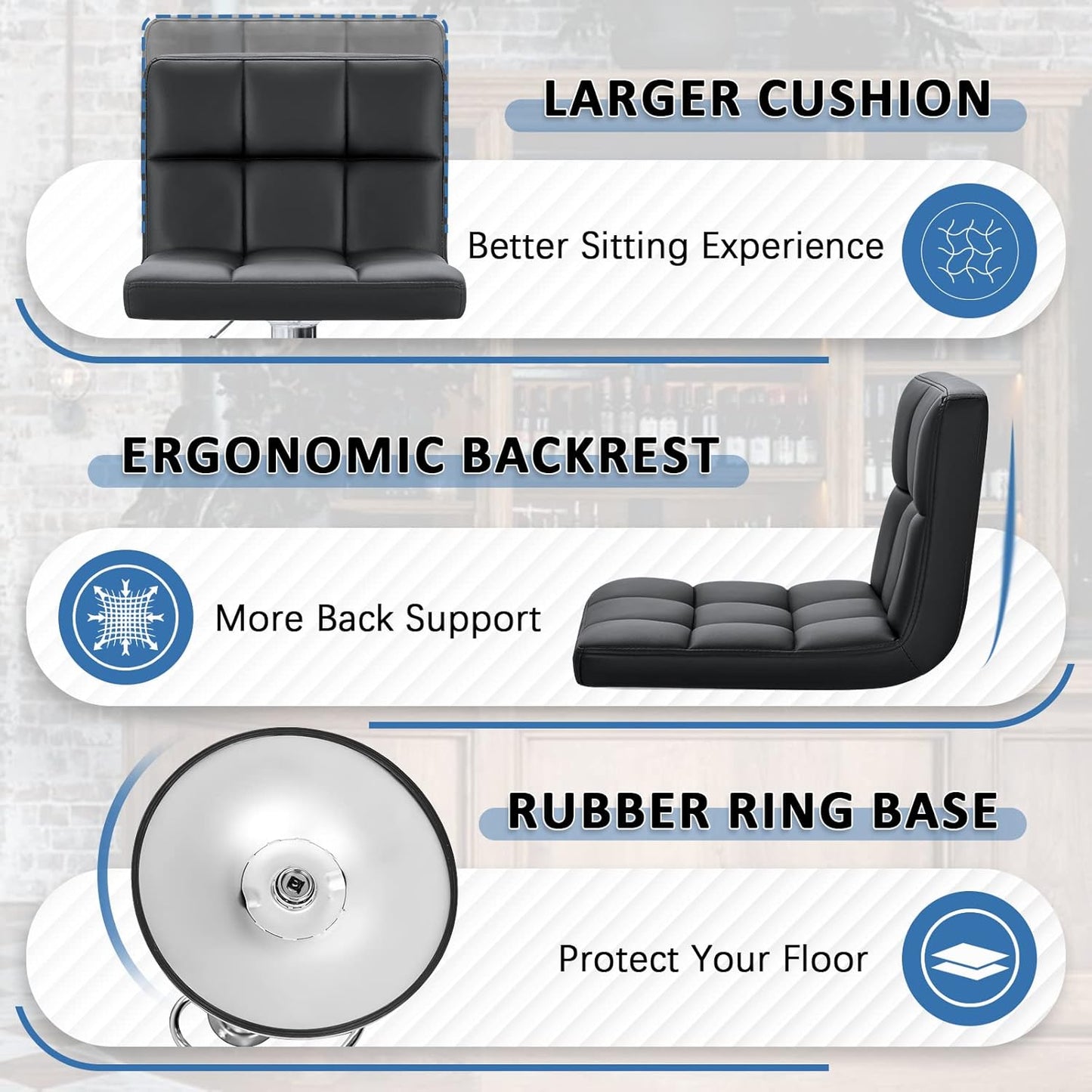 Modern PU Leather Adjustable Swivel Bar Stools, Armless Hydraulic Kitchen Counter Barstools, Extra Height Square Island Barstools with Back, Set of 2 (Black)