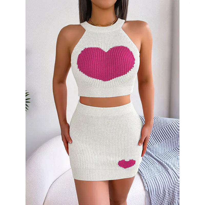 Women's 2 Piece Heart Knit Outfits Backless Halter Crop Tops & Mini Bodycon Skirt - New Era Fashion LLc