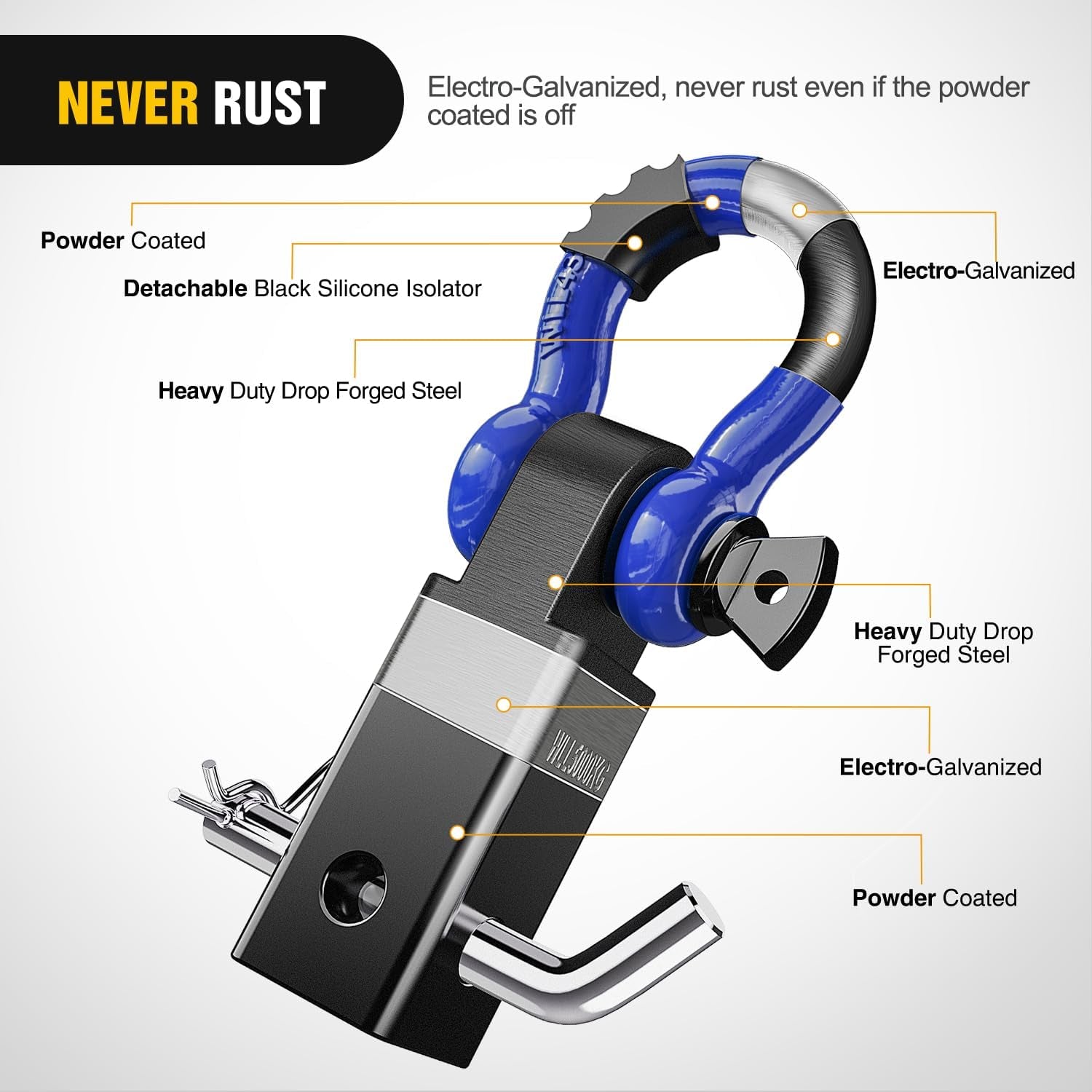 Heavy-Duty Shackle Hitch Receiver with 2-Inch Compatibility, 45,000 lbs Breaking Strength, 3/4" D Ring Trailer Pin, Solid Recovery Towing Kit for Trucks and Off-Road Vehicles