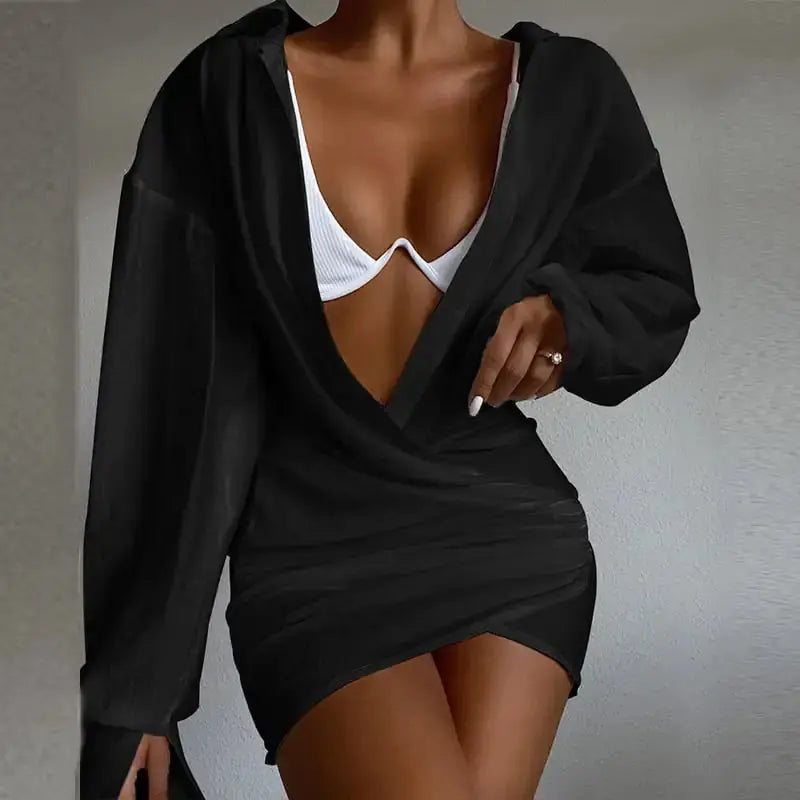 Deep V-neck Solid Color Long Sleeve Mini Dress - New Era Fashion LLc