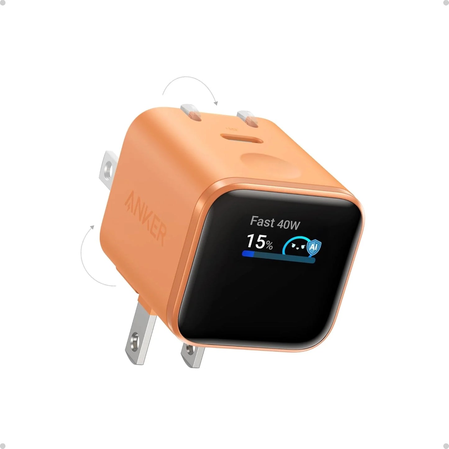 Smart Display Charger, Nano USB C Charger Block, 45W Max Gan Phone Charger,180° Foldable Plug,Smart Recognition,Built-In Care Mode,For Iphone17/16/15(Non-Battery,One USB-C Port,No Cable)