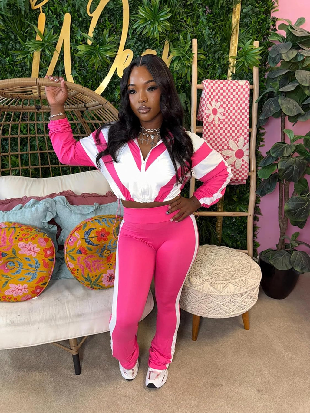 Women's 2-Piece Color Block Long Sleeve Cropped Jacket and Bodycon Pants Set