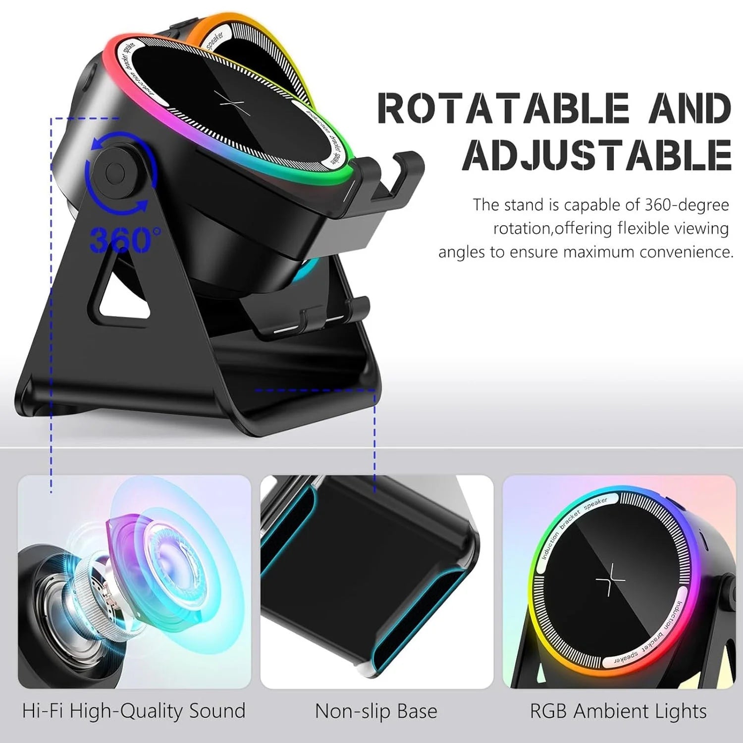 Wireless Induction Speaker with Phone Stand ,5 in 1 Bluetooth Speaker Amplifier Stereo Sound, RGB Ambient Light, 360° Adjustable Phone Holder Compatible with Iphone/Ipad/Android