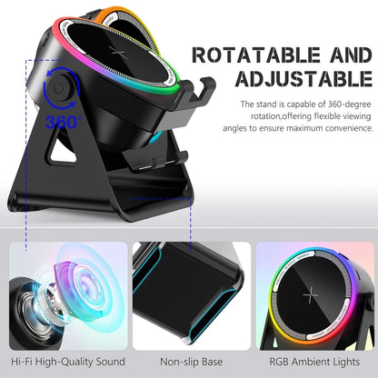 Wireless Induction Speaker with Phone Stand ,5 in 1 Bluetooth Speaker Amplifier Stereo Sound, RGB Ambient Light, 360° Adjustable Phone Holder Compatible with Iphone/Ipad/Android