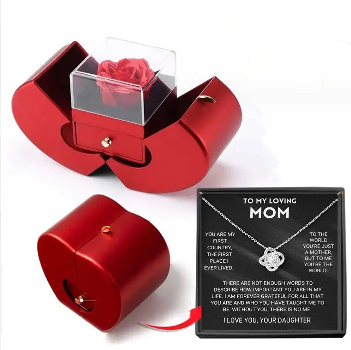 Fashion Jewelry Box Red Apple Christmas Gift Necklace Eternal Rose For Girl Mother's Day Valentine's Day Gifts With Artificial Flower Rose Flower Jewelry Box - New Era Fashion LLc