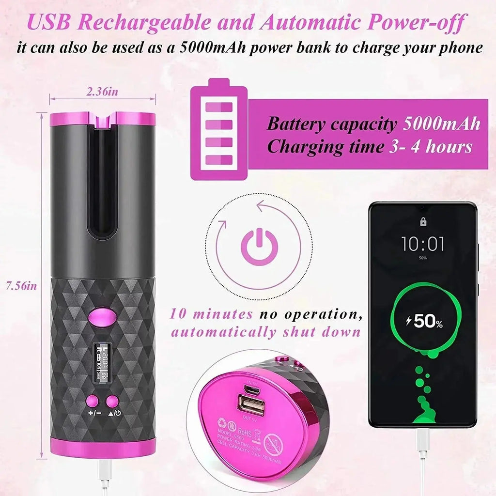 Portable Automatic Hair Curler, Ceramic Rotating Wireless Auto Curling Iron Wand,  Portable USB Rechargeable Spin Curler for Hair Styling (Black)