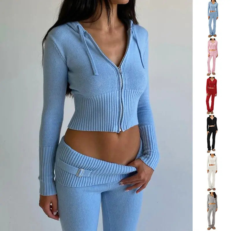 Hoodie Suit Sports Leisure Sexy Zip Long Sleeve Sweater And High Waist Long Pants Set Women's Clothing Cjdropshipping