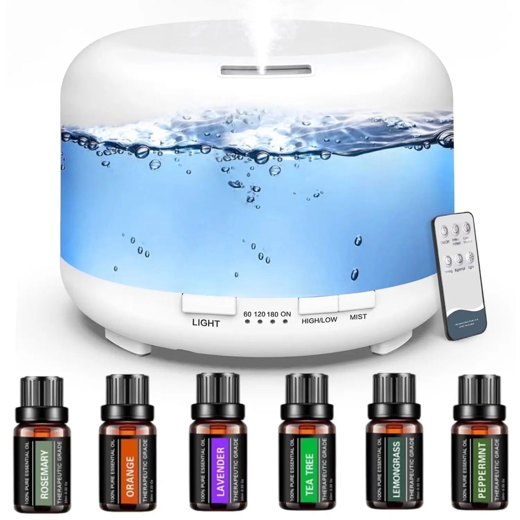 500Ml Essential Oil Diffuser with 6*10Ml Essential Oils Set, Flower Aromatherapy Diffusers with Remote Control, Oil Air Humidifier Vaporizer for Large Room Bedroom Office