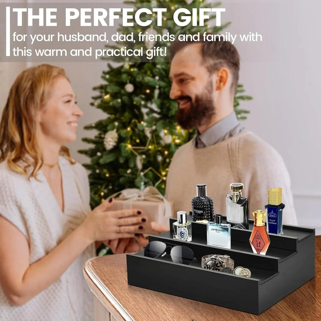 Wooden Cologne Organizer for Men - 3 Tier Cologne Stand Black Elevated