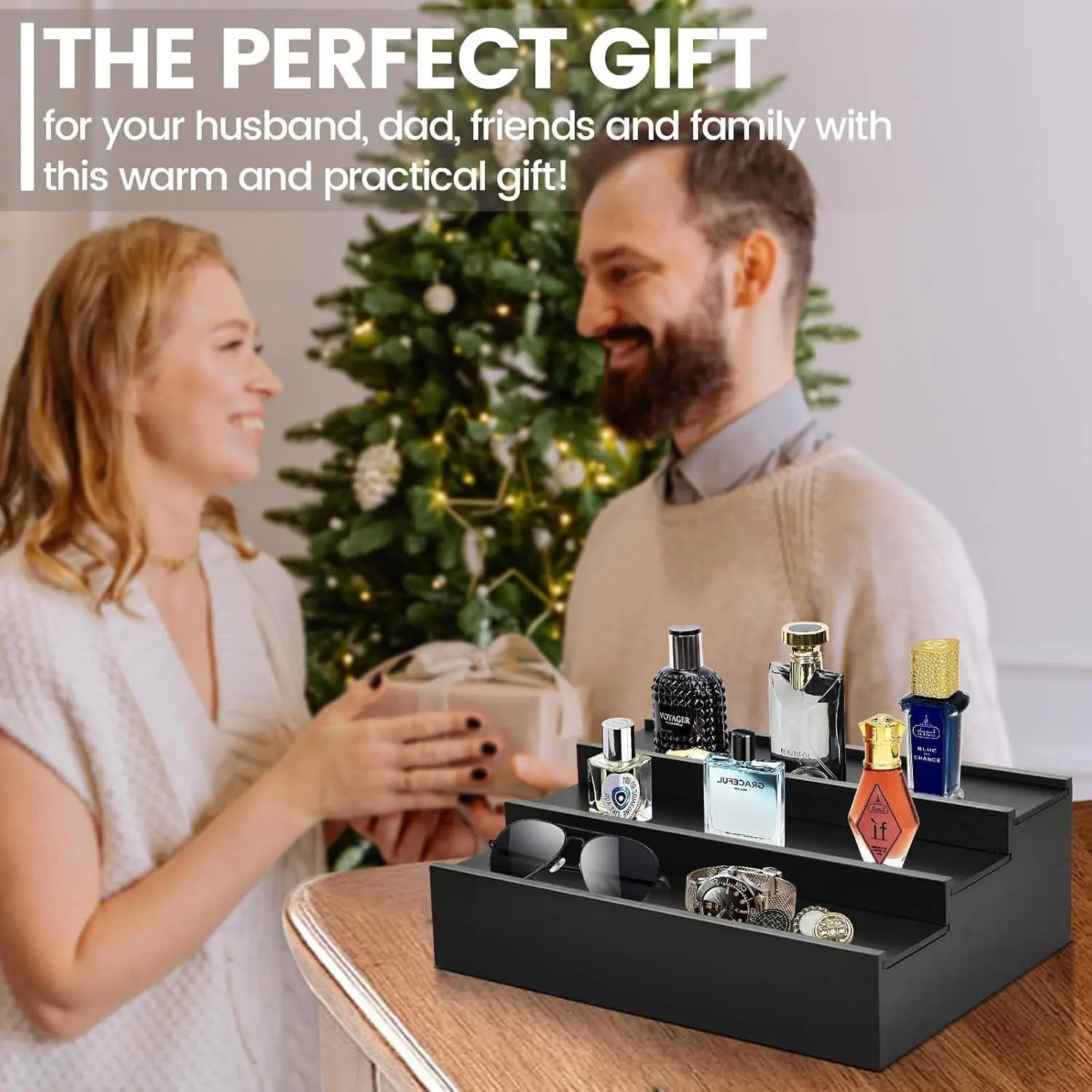 Wooden Cologne Organizer for Men - 3 Tier Cologne Stand Black Elevated
