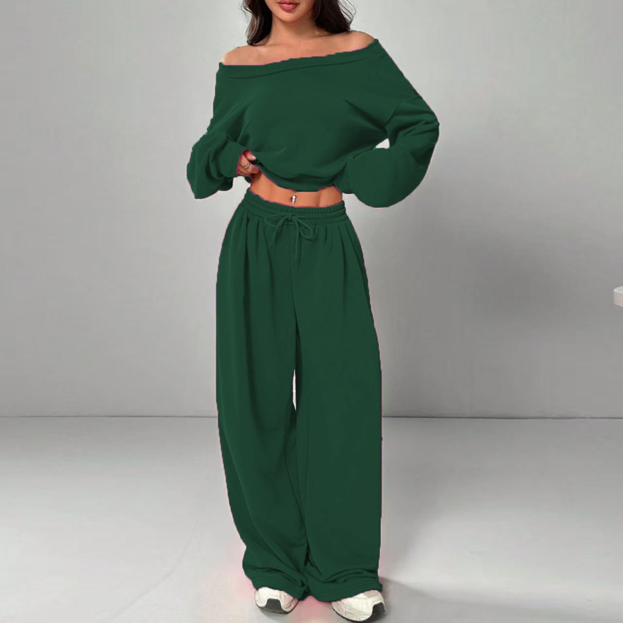 Women's Fashion Slim-fit Off-the-shoulder Navel Solid Color Casual Pants Suit