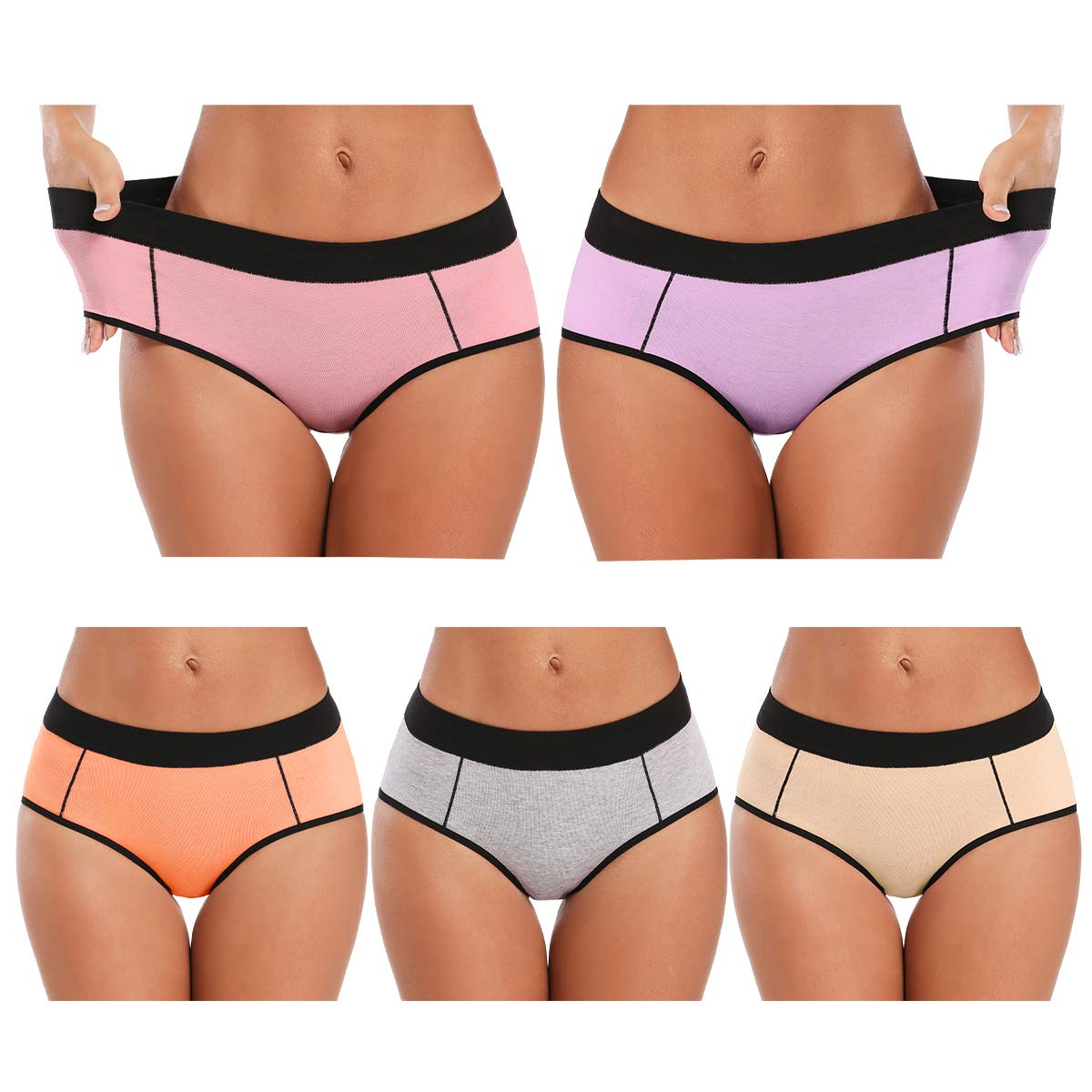 POKARLA Women's Cotton Stretch Underwear Ladies Mid Rise Briefs Panties Multipack 5-Pack(Small)