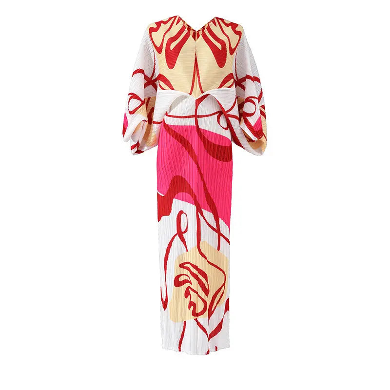 Women's Temperament Pleated Print Batwing Sleeve Dress Autods