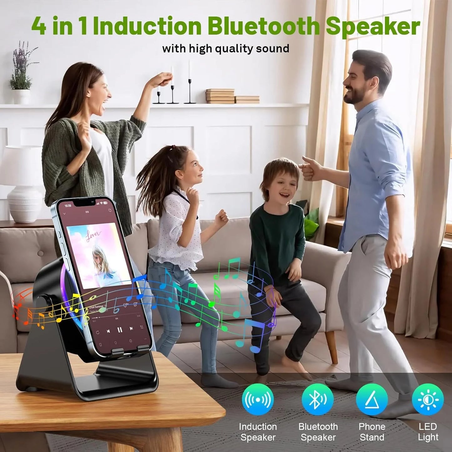 Wireless Induction Speaker with Phone Stand ,5 in 1 Bluetooth Speaker Amplifier Stereo Sound, RGB Ambient Light, 360° Adjustable Phone Holder Compatible with Iphone/Ipad/Android