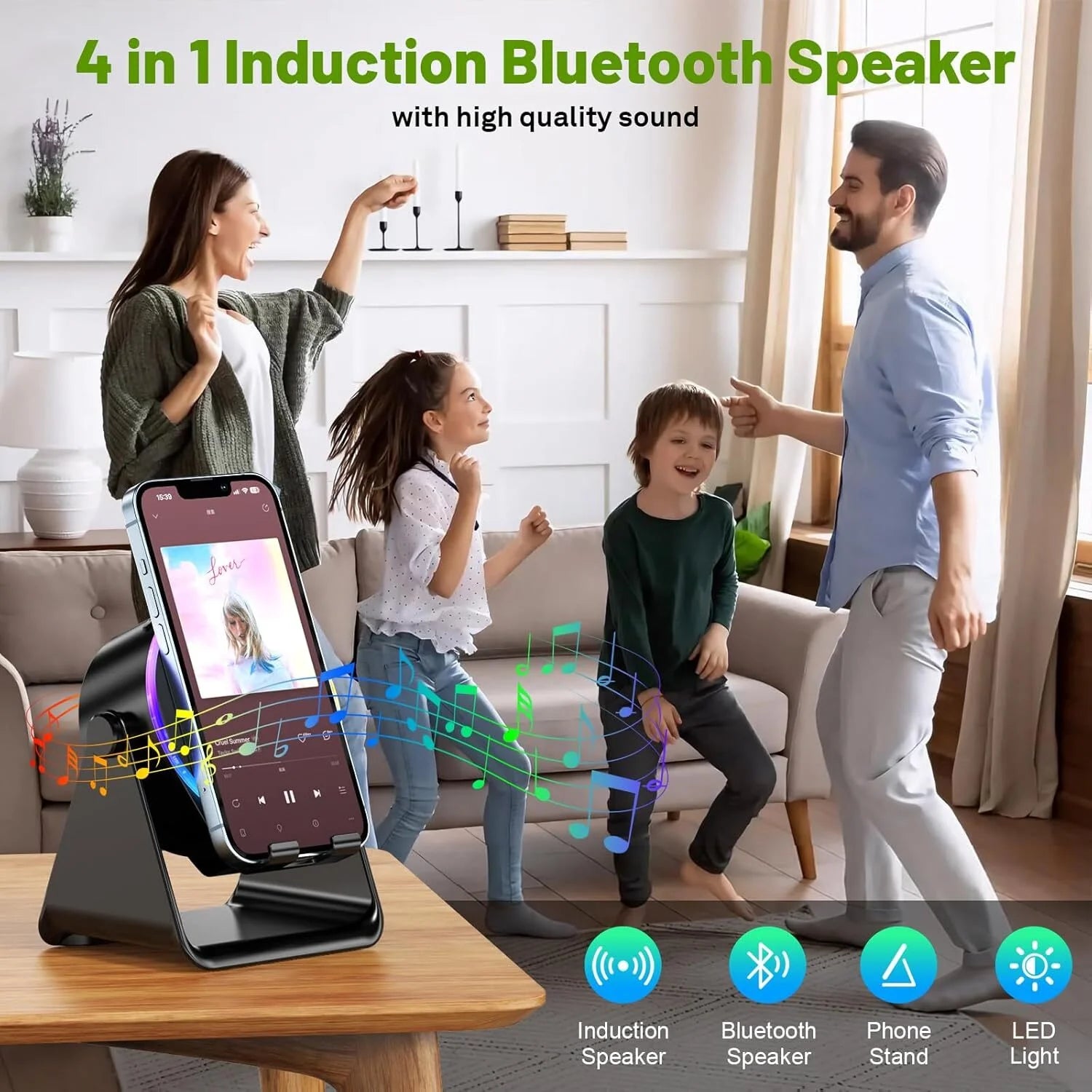 Wireless Induction Speaker with Phone Stand ,5 in 1 Bluetooth Speaker Amplifier Stereo Sound, RGB Ambient Light, 360° Adjustable Phone Holder Compatible with Iphone/Ipad/Android