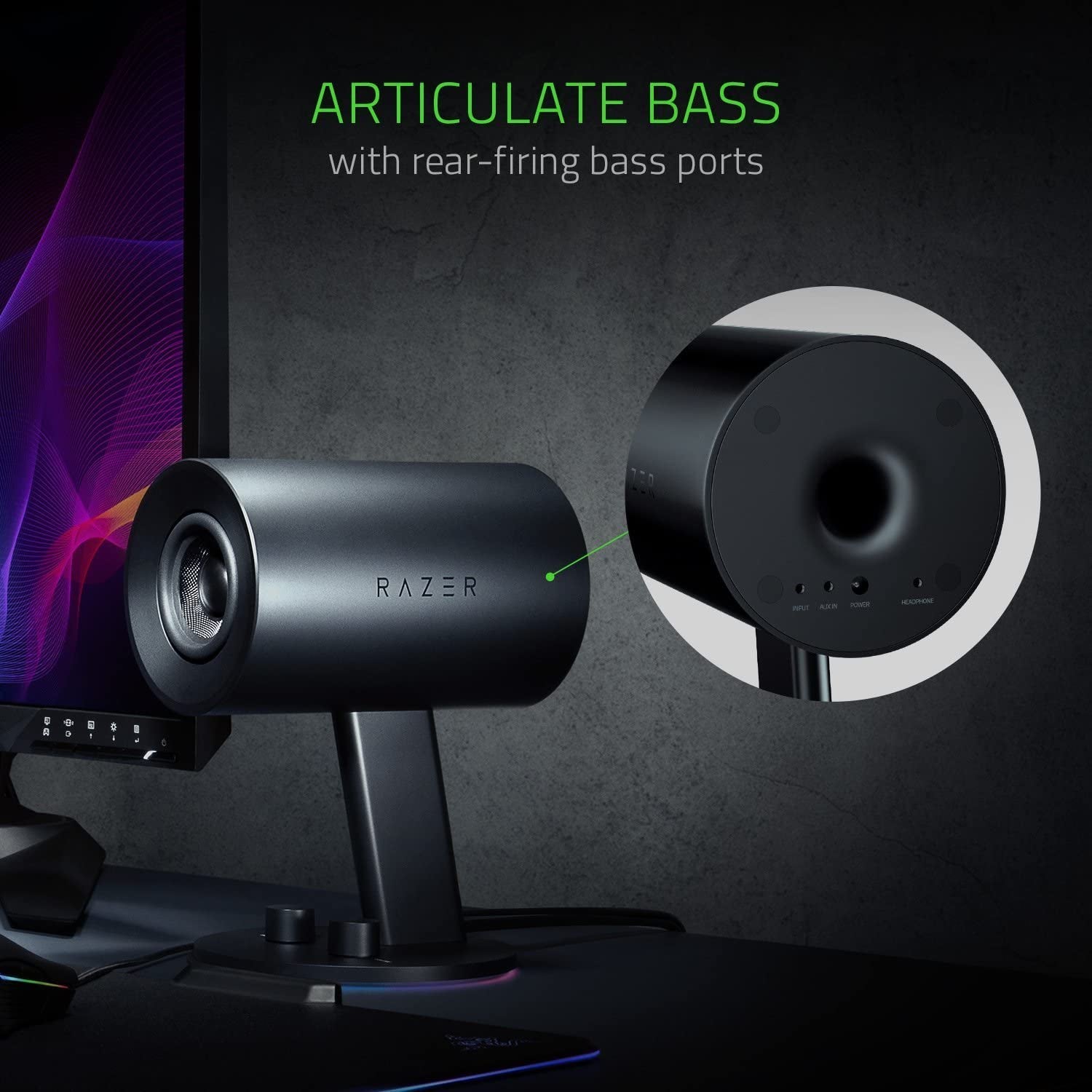 Razer Nommo Chroma 2.0 PC Gaming Speakers - Custom Woven 3" Glass Fiber Drivers, Rear-Facing Bass Ports, Bass Knob with Automatic Gain Control, Chroma Enabled, Black