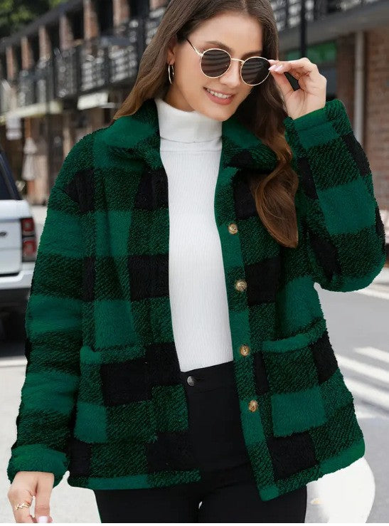 Color-blocked Plaid Jacket Fashion Lapel Pockets Single-breasted Coat Spring Fall Clothing For Women