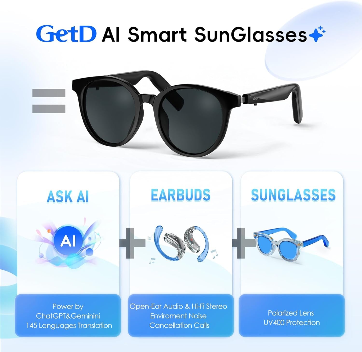 AI Smart Glasses for Men and Women, Low Bridge Fit, 74-Language Real-Time Translator Powered by Chatgpt - Bluetooth 5.4 with 11H Playtime, Polarized Sunglasses for Travel, Driving, Daily Use