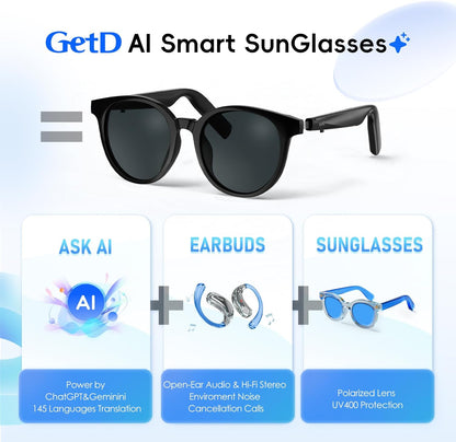 AI Smart Glasses for Men and Women, Low Bridge Fit, 74-Language Real-Time Translator Powered by Chatgpt - Bluetooth 5.4 with 11H Playtime, Polarized Sunglasses for Travel, Driving, Daily Use