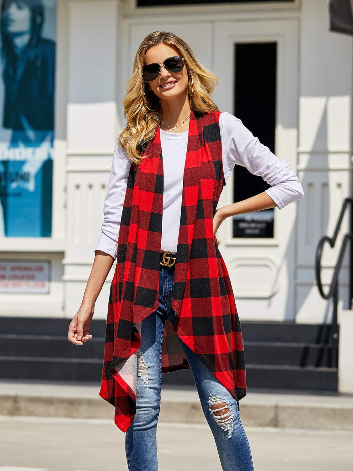 Women's Plaid Sleeveless Duster Cardigan with Pockets - Lightweight Open Front Vest Coat