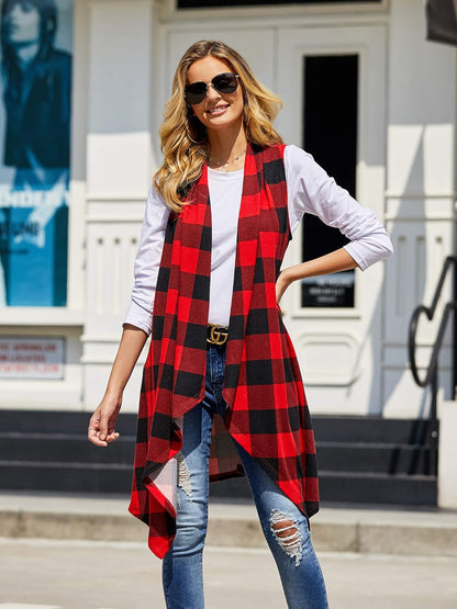 Women's Plaid Sleeveless Duster Cardigan with Pockets - Lightweight Open Front Vest Coat