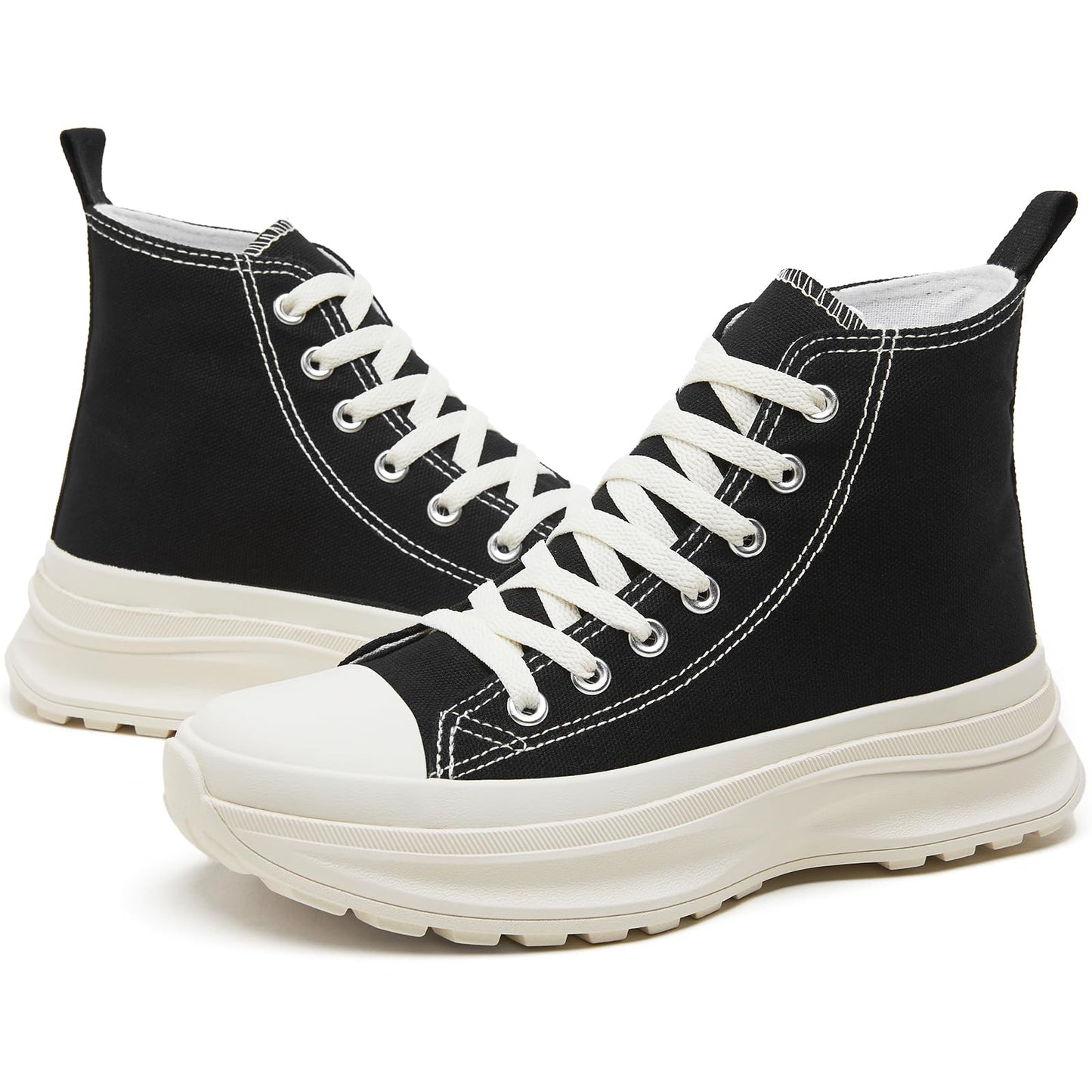 Waluzs Womens High Top Sneakers Black High Tops Platform Sneakers Lace UP Canvas Shoes White Tennis Shoes for Gym（Black.US8）