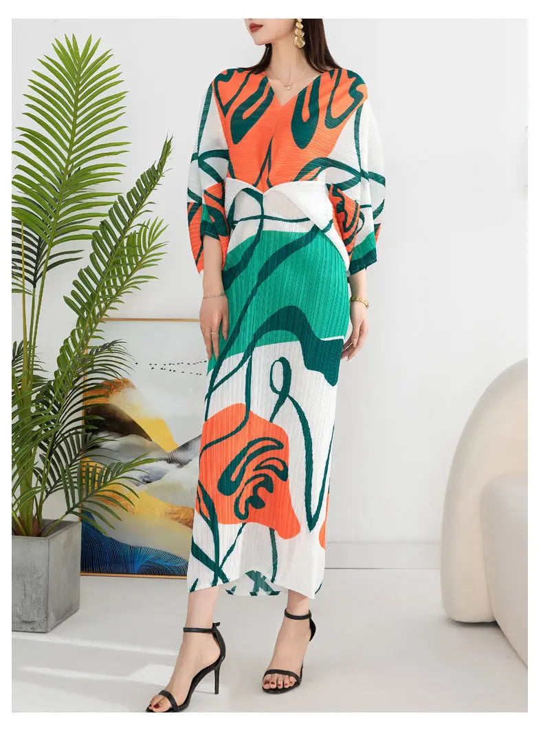 Women's Temperament Pleated Print Batwing Sleeve Dress Autods