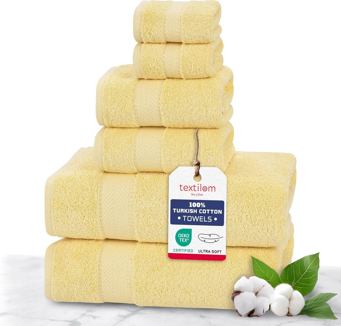Luxury 100% Turkish Cotton 6-Piece Bath Towel Set - Soft & Absorbent Towels for Bathroom (2 Bath Towels, 2 Hand Towels, 2 Washcloths) - Yellow