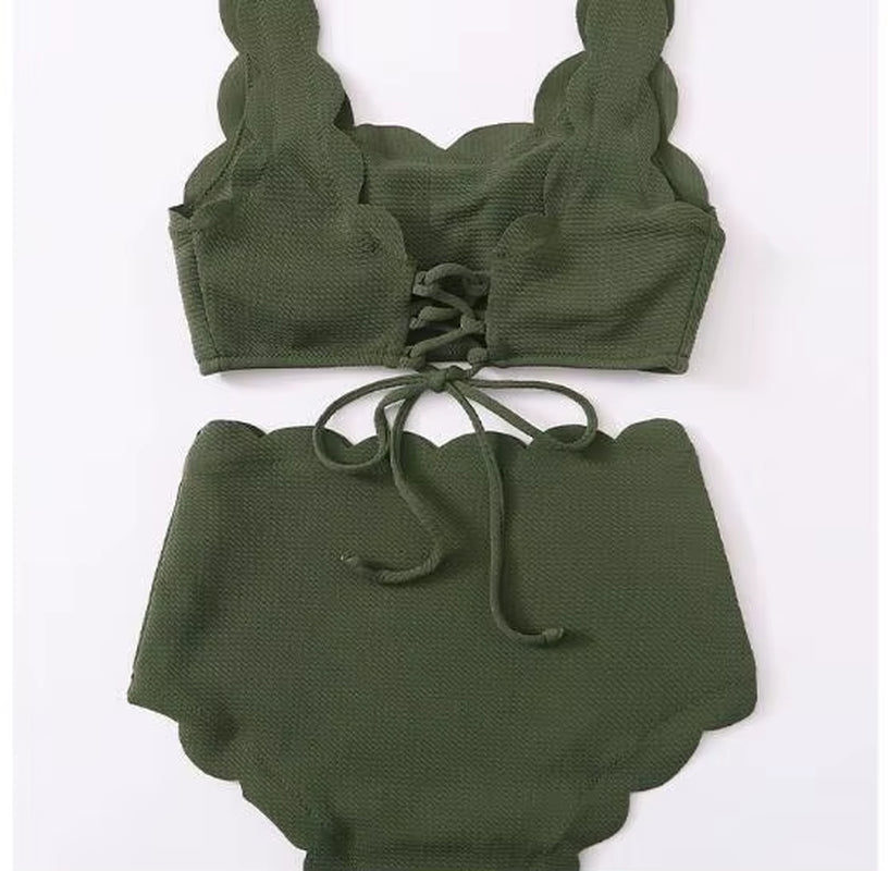 Solid Blue Two Pieces Swimsuit Bathing Suits Bikini Women Scalloped Textured High Waisted Bikini Set Lace up Bathing Suits XXL