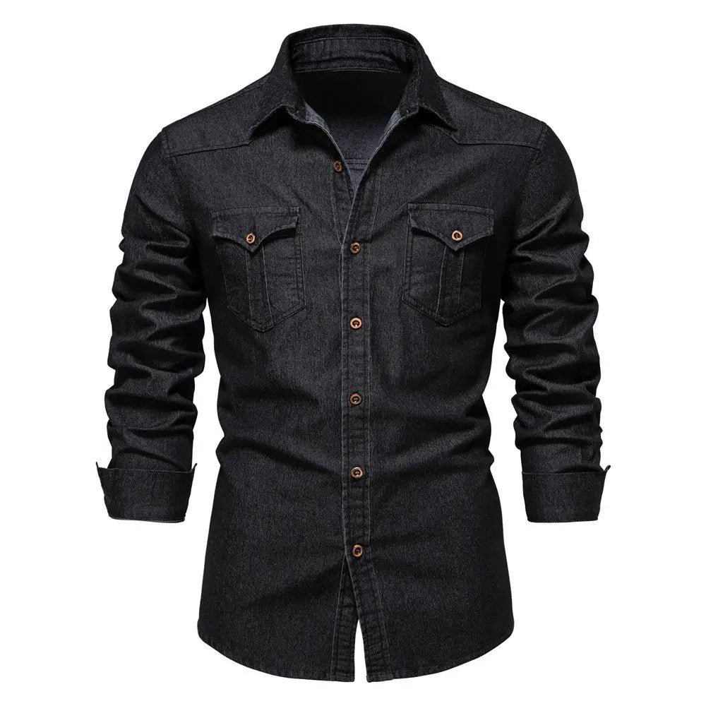Men's Long-sleeved Denim Shirt Casual Solid Button Slim Tops Clothing - New Era Fashion LLc