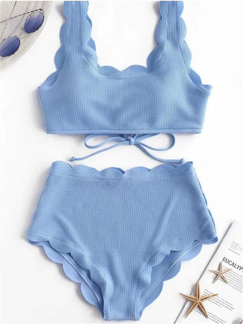 Solid Blue Two Pieces Swimsuit Bathing Suits Bikini Women Scalloped Textured High Waisted Bikini Set Lace up Bathing Suits XXL