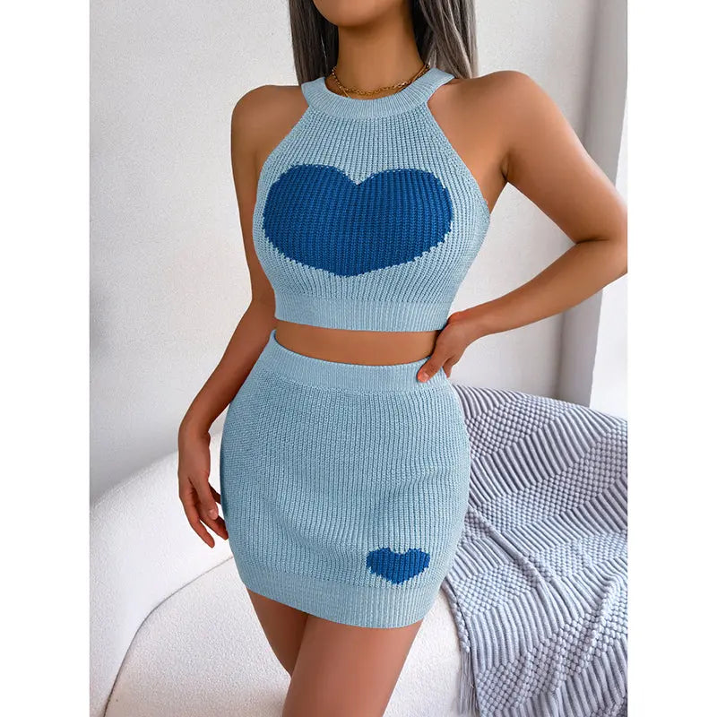 Women's 2 Piece Heart Knit Outfits Backless Halter Crop Tops & Mini Bodycon Skirt - New Era Fashion LLc