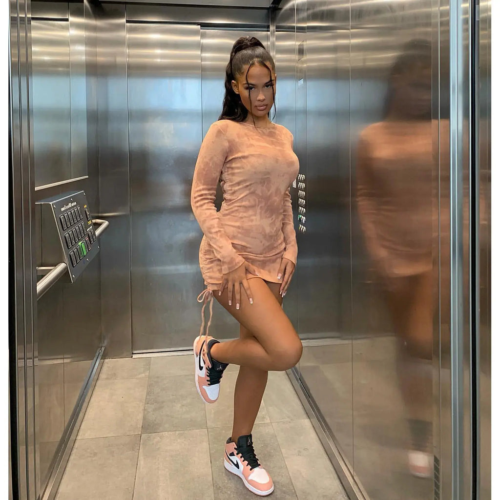 Fashion Pleated Digital Print Long Sleeve Dress Cjdropshipping