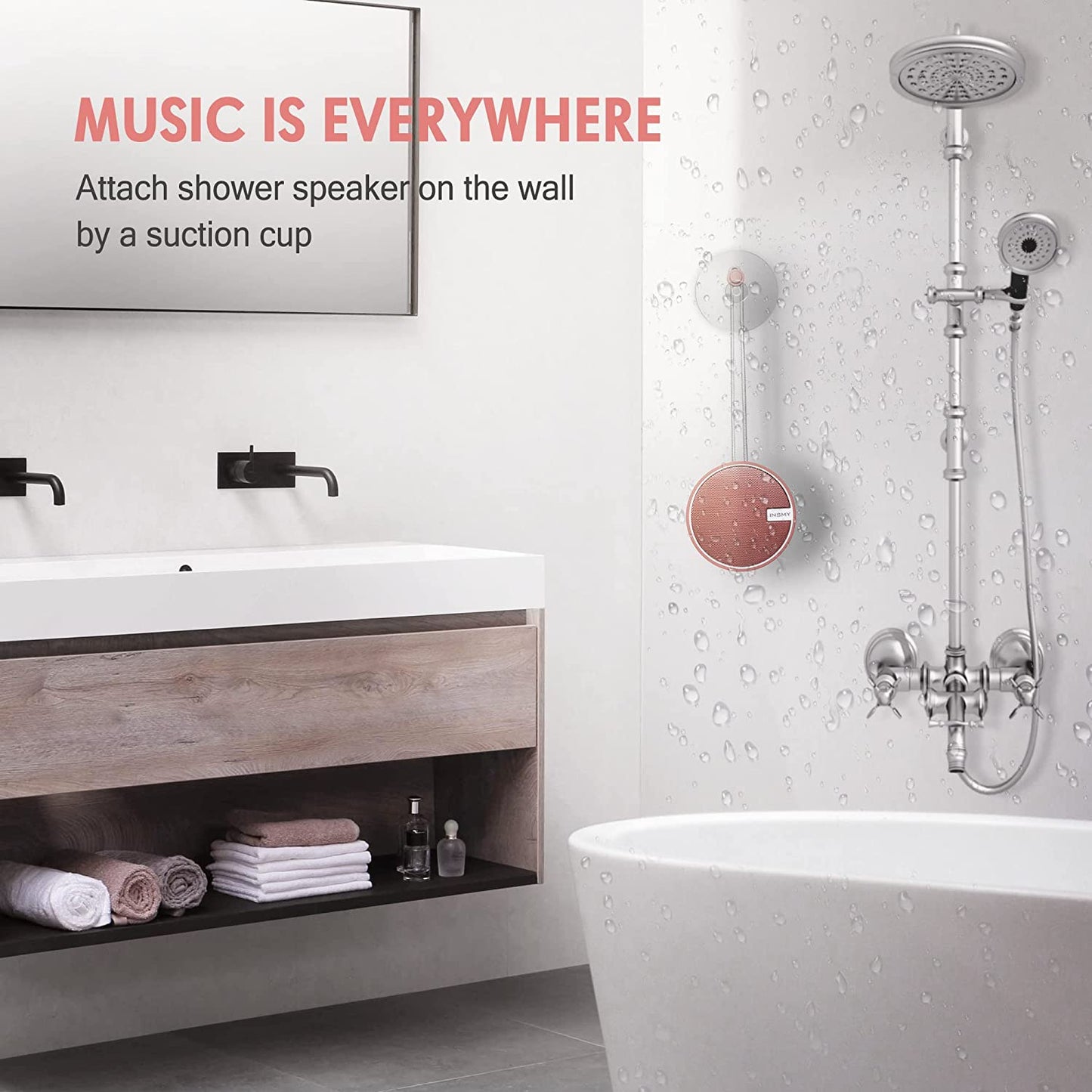 C12 Waterproof Bluetooth Shower Speaker - Portable IPX7 Rated, High-Quality Sound, TF Card Support, Suction Cup Design for Outdoor Use (Cashmere Pink)