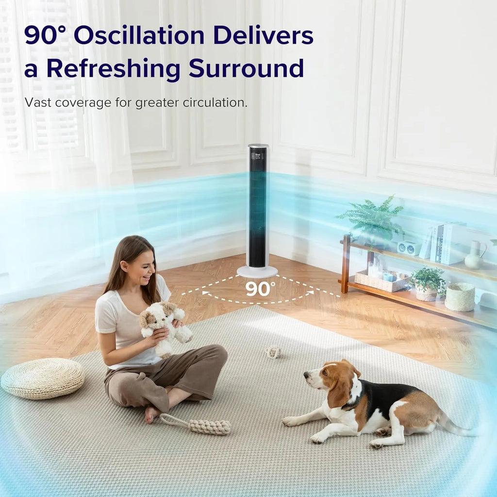 Tower Fan for Bedroom, 25Ft/S Velocity Standing Fan with 28Db Quiet for Sleep, Remoter, 12H Timer, 5 Speeds, 4 Modes, 90° Oscillation for Home, Office, Indoor, Bladeless 36 Inch, White