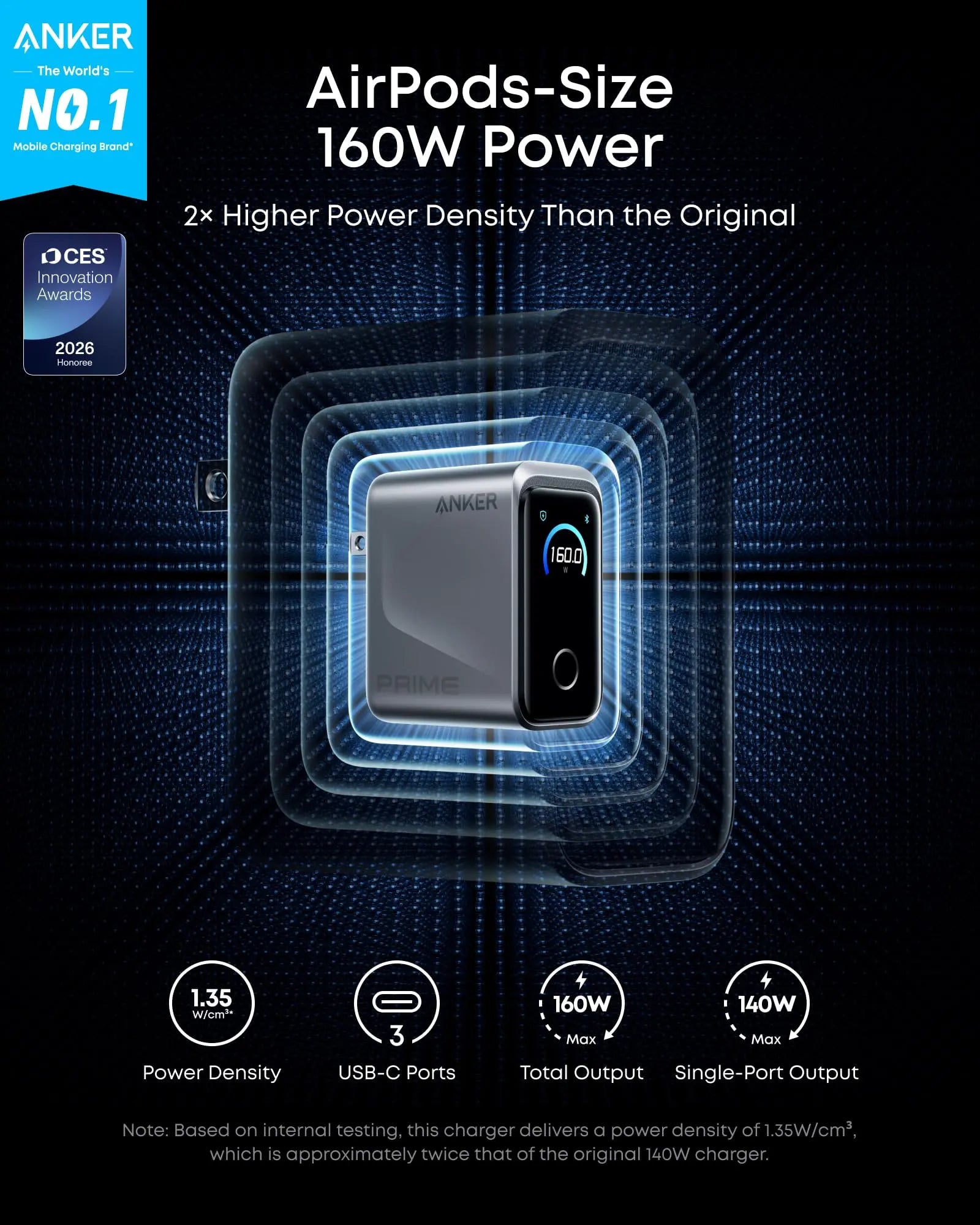 Anker Prime Charger, 160W 3-Port Compact GaN USB C Charger Block, Smart Display and Touch Control, 140W Max Charging via Any Single Port, for MacBook Pro/Air, Laptop, iPhone 17/16 Series(Non-Battery) Anker