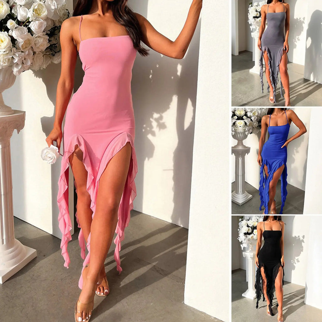 Sexy Suspender Tight Slim Skirt Fashion Split Ruffle Design Dress Summer Womens Clothing Cjdropshipping