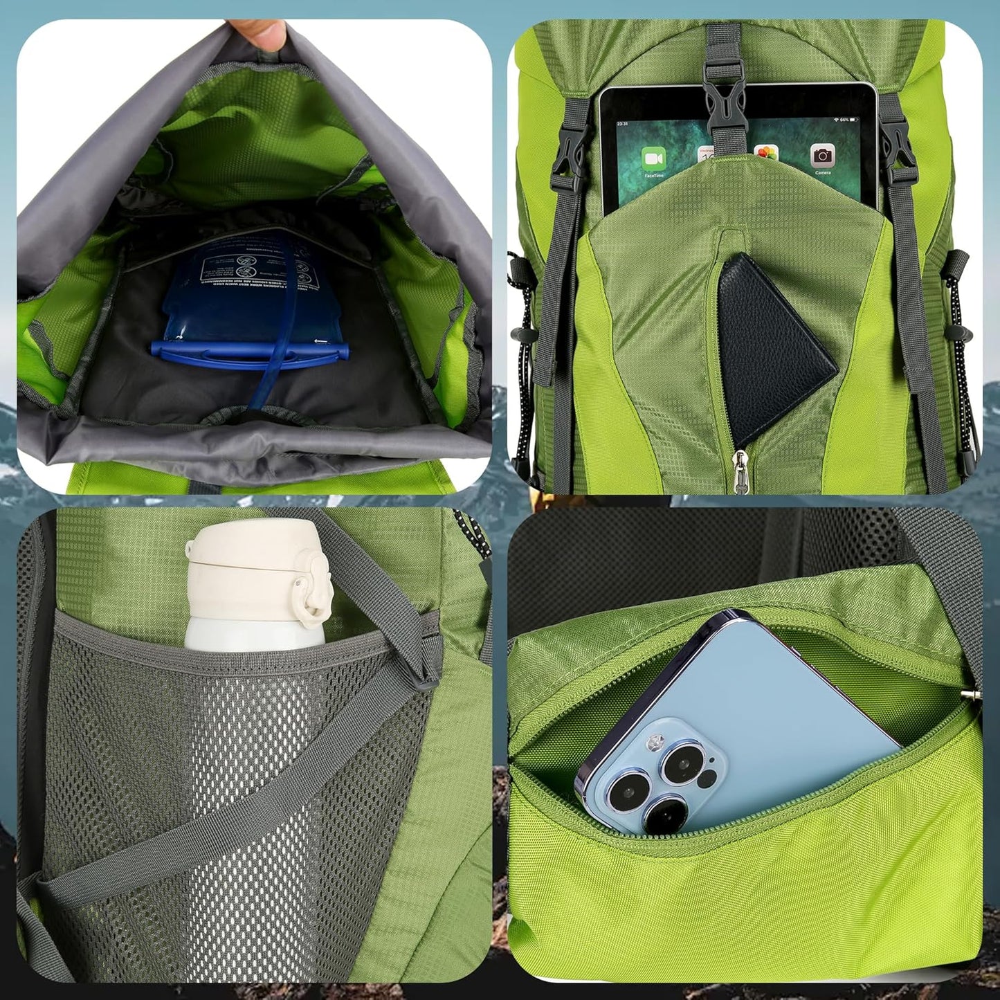 75L Waterproof Hiking Backpack with Rain Cover and Shoe Compartment for Men and Women, Frameless Design